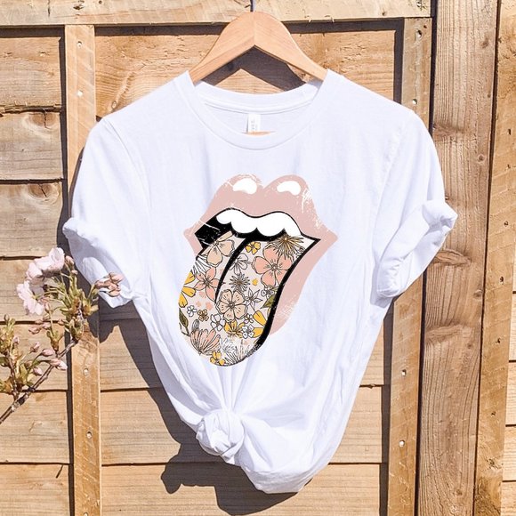 Women's Pink Floral Tongue Vintage Distressed Graphic Tee - Picture 6 of 10